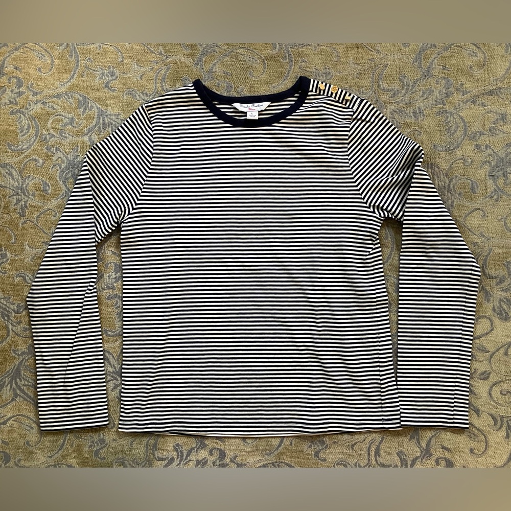 Brooks Brothers Girls Knit Top Striped Navy Blue and White Gold Buttons Size L